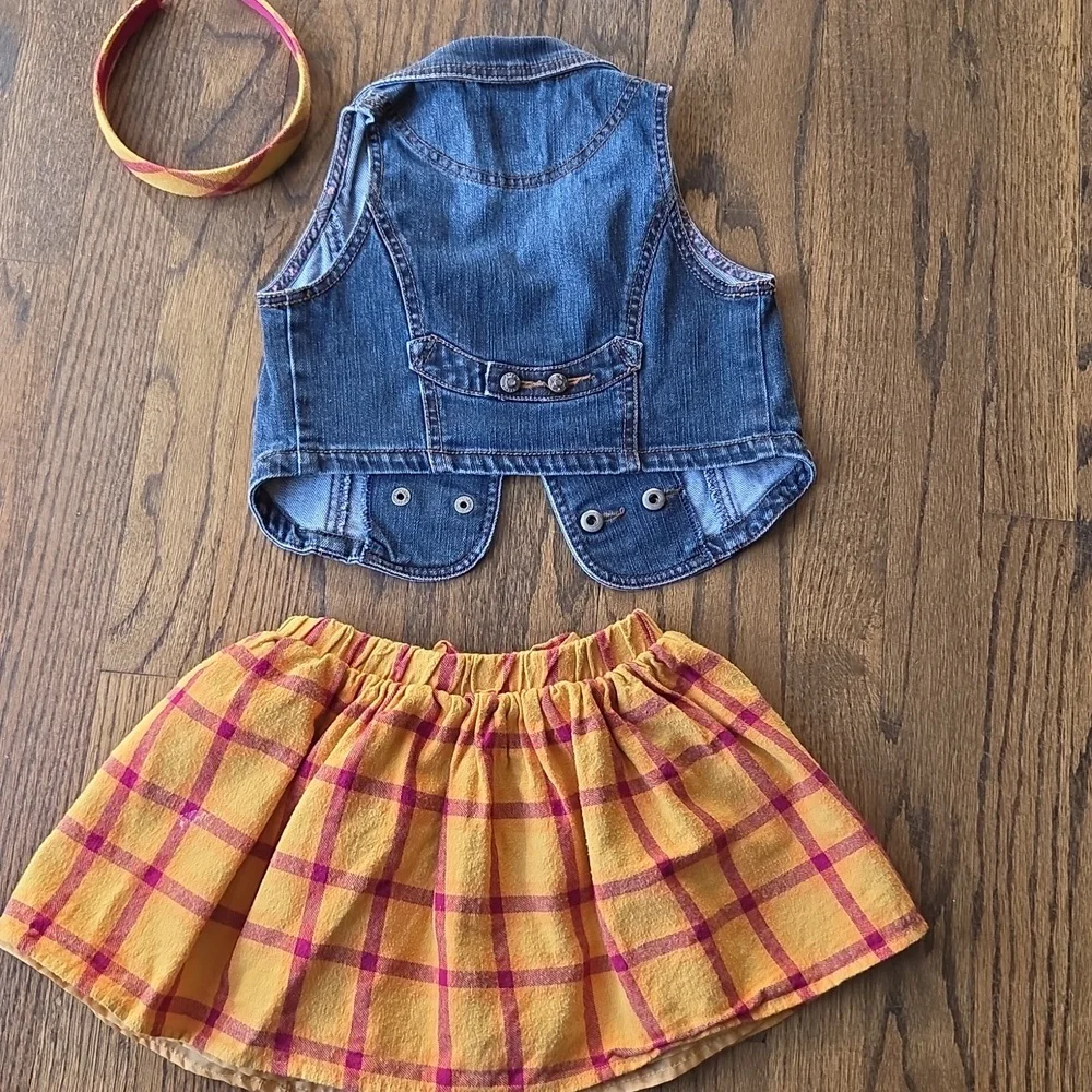 Set Bundle 3 Esprit Medium Washed Denim Vest Floral Lining Plaid Skirt, Headband